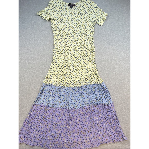 J.G. Hook Dress Womens Medium Yellow Purple Floral Print Tiered Maxi Short Sleev - Picture 4 of 13